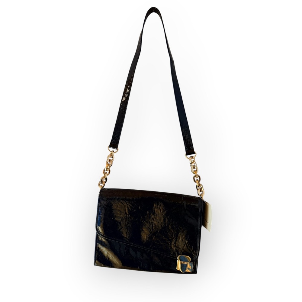 NWT Black Crinkled Patent Crossbody Bag Gold Chain Clutch Retro Glam Mob Wife